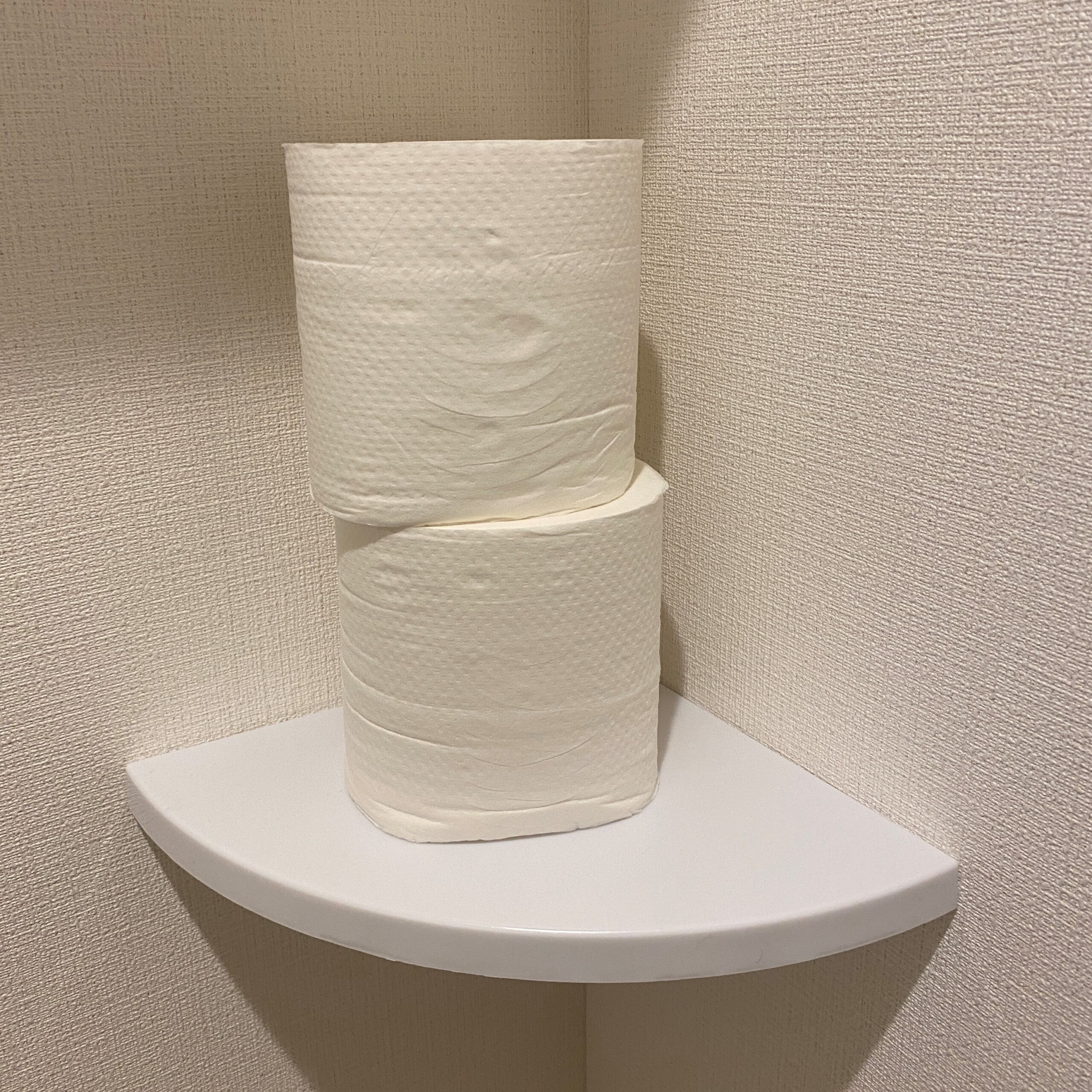 トイレ　浮かせる収納　100均　トイレットペーパー　清潔　キャンドゥ　コーナーラック　フック　壁